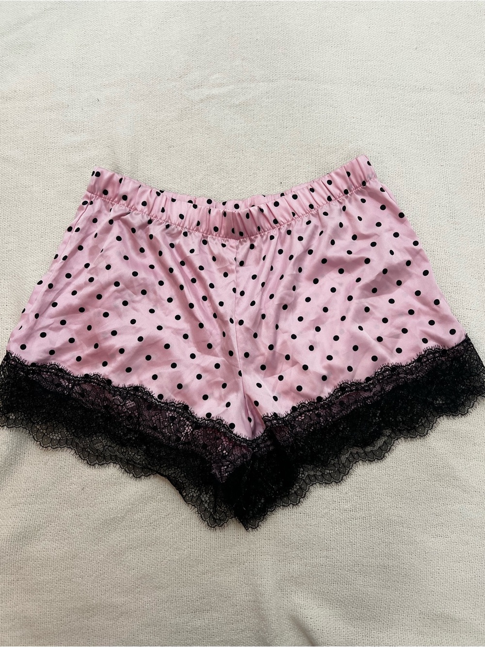 Victoria's Secret Pink Polka Dot Satin Sleep Shorts with Black Lace
